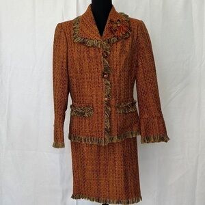 Designer Barbara Bates rust tweed suit. Fringe Luxury lined business event 10